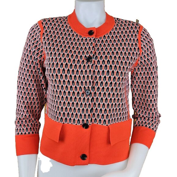 Ann Taylor Retro Geo Print Sweater Womens Small Coral 3/4 Sleeve Jacket Cardigan - Picture 1 of 11